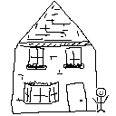 Sketch of a house with a stick figure smiling and waving their arms in the air.